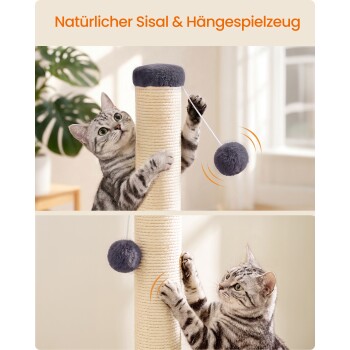 Grau-getigerte Katze kratzt an natürlichem Sisalpfosten mit hängendem grauen Bommelspielzeug; Text 'Natürlicher Sisal & Hängespielzeug'.