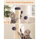 Grau-getigerte Katze kratzt an natürlichem Sisalpfosten mit hängendem grauen Bommelspielzeug; Text 'Natürlicher Sisal & Hängespielzeug'.