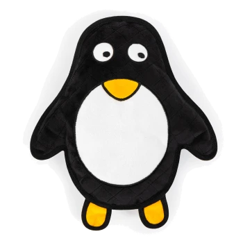Ein plüschiger Pinguin-Spielzeug mit schwarzem Körper, weißem Bauch und gelbem Schnabel und Füßen, mit großen cartoonhaften Augen.