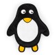 Ein plüschiger Pinguin-Spielzeug mit schwarzem Körper, weißem Bauch und gelbem Schnabel und Füßen, mit großen cartoonhaften Augen.