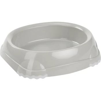 Grijze hondenvoerbak met een gladde, ovale vorm en een iets verhoogde rand, ontworpen voor gemakkelijk voeren.