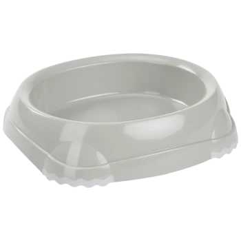 Gray pet food bowl with a smooth, oval shape and a slightly raised edge, designed for easy feeding.