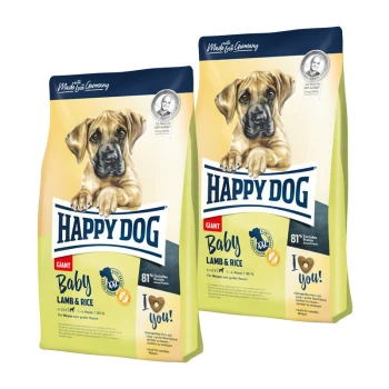 Zwei Säcke Happy Dog Giant Baby Lamm & Reis Hundefutter, mit einem Welpen auf der Vorderseite, mit Text, der 81 % tierisches Protein hervorhebt.