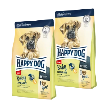 Dwie torby karmy dla psów Happy Dog Giant Baby Lamb & Rice, z szczeniakiem na przodzie, z tekstem podkreślającym 81% białka zwierzęcego.