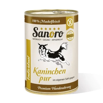 Dose mit Sanoro Hundefutter, beschriftet mit 'Kaninchen pur', mit einer Grafik eines springenden Hundes, die Informationen über natürliche Zutaten und Premium-Qualität enthält.