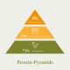 Infografik einer Protein-Pyramide: 0% Getreide, 29% Früchte & Gemüse, 71% tierisches Protein, betitelt "Protein-Pyramide."