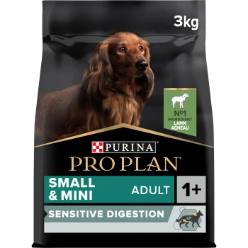 Adult Small & Mini Sensitive Digestion 3 kg Purina Pro Plan Small & Mini Adult Hundefutter, 3kg Beutel, entwickelt für empfindliche Verdauung, mit Lamm als Hauptzutat.