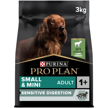 Purina Pro Plan Small & Mini Adult Hundefutter, 3kg Beutel, entwickelt für empfindliche Verdauung, mit Lamm als Hauptzutat.