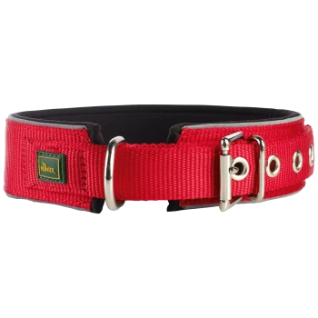 Rotes Hundehalsband mit gepolstertem Innenraum, Metallschnalle und D-Ring zur Leinenbefestigung, mit kleinem 'Hunter'-Logo.