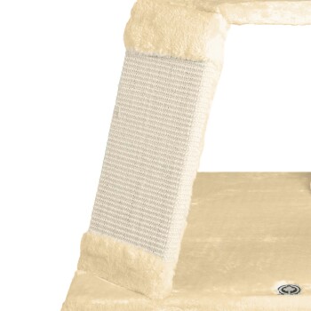 Eine Nahaufnahme eines beigen Katzenkratzbaums mit einer strukturierten Kratzfläche und weichem Plüschmaterial an der Basis.