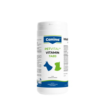 Weißer Canina PETVITAL VITAMIN TABS-Behälter für Hunde und Katzen, blau-grünes Etikett mit Hund- und Katzensilhouetten.