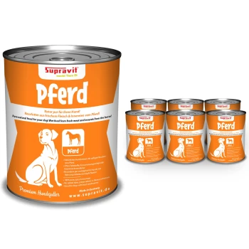 Dosenfutter für Hunde mit der Bezeichnung 'Pferd' von Supravit, mit einem orangefarbenen Design und einer Hundillustration, das natürliche Zutaten aus Pferdefleisch betont.