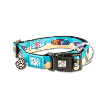 Blau-beiges Max & Molly Hundehalsband mit Surfbrett-Designs und schwarzer Schnalle, mit einem „Return Me“-Anhänger.