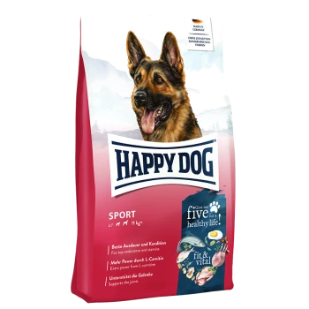 Hundefutterbeutel mit der Aufschrift 'Happy Dog Sport', der einen Deutschen Schäferhund zeigt und Vorteile wie Ausdauer, L-Carnitin und Gelenkunterstützung hervorhebt.