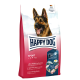 Hundefutterbeutel mit der Aufschrift 'Happy Dog Sport', der einen Deutschen Schäferhund zeigt und Vorteile wie Ausdauer, L-Carnitin und Gelenkunterstützung hervorhebt.