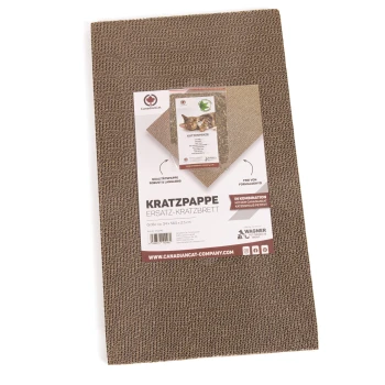 Pappkratzbrett für Katzen, beschriftet mit "KRATZPAPPE ERSATZ-KRATZBRETT," Größe 34 x 58,5 x 2,5 cm, mit umweltfreundlichen Ansprüchen.