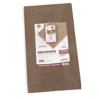 Pappkratzbrett für Katzen, beschriftet mit "KRATZPAPPE ERSATZ-KRATZBRETT," Größe 34 x 58,5 x 2,5 cm, mit umweltfreundlichen Ansprüchen.