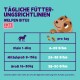 Tägliche Fütterungshinweise für Welpenbissen mit einer verspielten Hundillustration, mit empfohlenen täglichen Bissen basierend auf Gewichtskategorien.