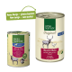 Real Nature Dosenfutter für Haustiere mit einem neuen Etikettendesign, das einen Hirsch und Truthahn zeigt, beschriftet mit "Original Adult" und "Hirsch & Hühn."