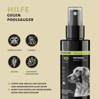 Petcare PetDog Protect 2801 Sprühflasche, entwickelt um Gnitzen und stechende Insekten abzuwehren, mit Symbolen, die den Schutz vor Schädlingen anzeigen.