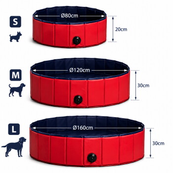 Drei zusammenklappbare Haustierpools in Rot und Marineblau, mit Durchmessern von 80 cm, 120 cm und 160 cm, mit Höhenmarkierungen und einem Ablassventil.