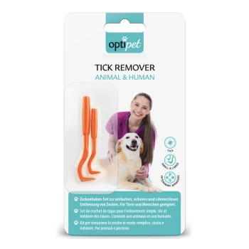 Oranges Zeckenentferner-Set für Tiere und Menschen, mit zwei Werkzeugen auf einer Verpackung mit deutschem Text über sichere Zeckenentfernung.
