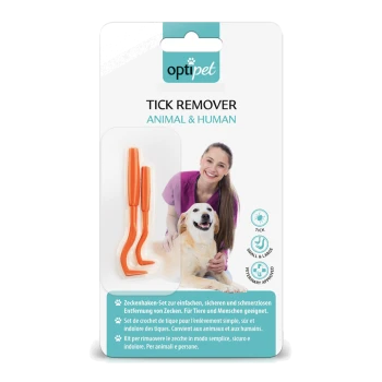 Oranges Zeckenentferner-Set für Tiere und Menschen, mit zwei Werkzeugen auf einer Verpackung mit deutschem Text über sichere Zeckenentfernung.
