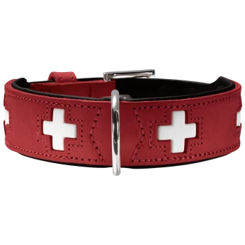 Rotes Leder-Haustierhalsband mit weißen Kreuzdesigns und einer silbernen Schnalle.