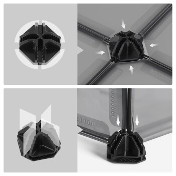 Bild zeigt ein schwarzes Kunststoff-Verbindungsstück zum Zusammenbauen von Haustiergehegen, mit Pfeilen, die die Montageanweisungen anzeigen.