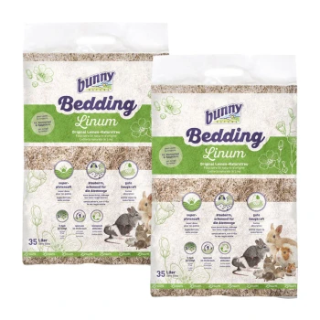Zwei Säcke Bunny Bedding Linum, jeweils 35 Liter, mit natürlicher Flachs-Bettwäsche für Kleintiere, mit Illustrationen eines Kaninchens und Meerschweinchen.