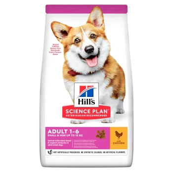 Hill's Science Plan dog food bag featuring a smiling Corgi. Text highlights "Adult 1-6," "Small & Mini up to 10 kg," and "with Chicken."