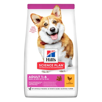 Hill's Science Plan dog food bag featuring a smiling Corgi. Text highlights "Adult 1-6," "Small & Mini up to 10 kg," and "with Chicken."