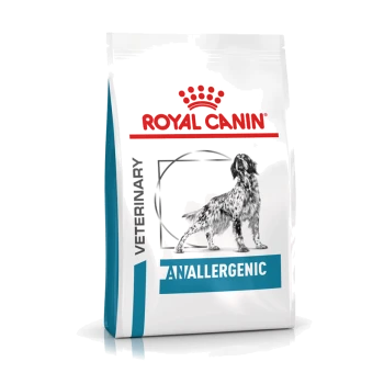 Sac de régime vétérinaire Royal Canin étiqueté "ANALLERGENIC" avec une image en noir et blanc d'un chien, conçu pour la gestion des allergies.