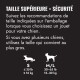 Tableau des tailles en magasin pour animaux en français : « TAILLE SUPÉRIEURE = SÉCURITÉ » et icônes S ≤35 lb/≤16 kg ; M/L 30–65 lb/13–30 kg.