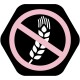 Een zwart hexagonaal pictogram met een roze cirkel met een diagonale lijn die over een tarwehalm kruist, wat 'glutenvrij' aangeeft.