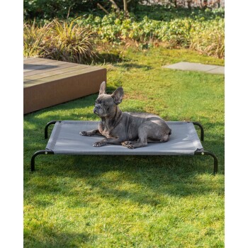 Ein grauer Französischer Bulldogge, die auf einem erhöhten Haustierbett in einer grasbewachsenen Umgebung entspannt, umgeben von Grün und einer Holzterrasse.