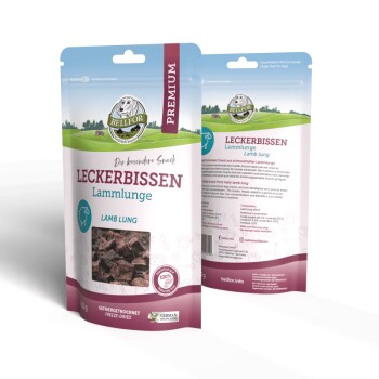 Verpackung von Premium-Haustiersnacks mit gefriergetrockener Lamm-Lunge, beschriftet mit "Leckerbissen Lammlunge" mit Nährwertangaben.