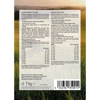 Hundefutterverpackung mit einem vollständigen Futter für Hunde mit Huhn, Reis und Karotten. Enthält Nährwertinformationen und Fütterungshinweise.