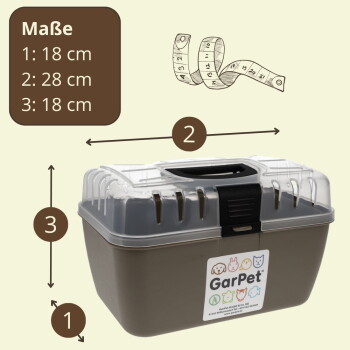 GarPet kleine Kunststoff-Transportbox mit durchsichtigem Deckel und Griff; Maße: 1:18 cm, 2:28 cm, 3:18 cm.