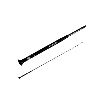 Schwarze Angelrute mit einem schlanken Design, mit dem Markennamen 'FLECK' deutlich angezeigt.