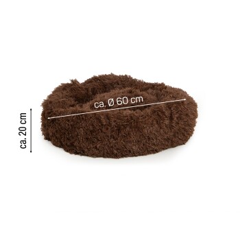 Braunes, flauschiges Haustierbett mit einem Durchmesser von etwa 60 cm und einer Höhe von 20 cm, seitlich gezeigt.