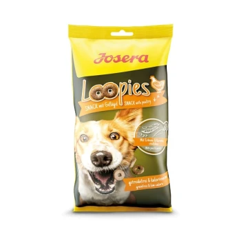 Hundesnackverpackung mit einem glücklichen Hund und dem Produktnamen "Loopies" sowie dem Text, der anzeigt, dass es sich um einen kalorienarmen Geflügelsnack handelt.