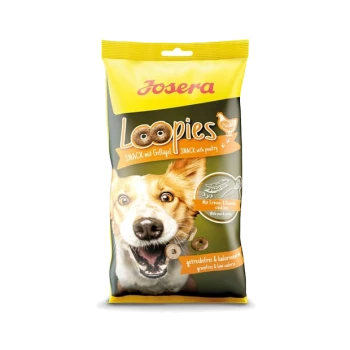 Hundesnackverpackung mit einem glücklichen Hund und dem Produktnamen "Loopies" sowie dem Text, der anzeigt, dass es sich um einen kalorienarmen Geflügelsnack handelt.