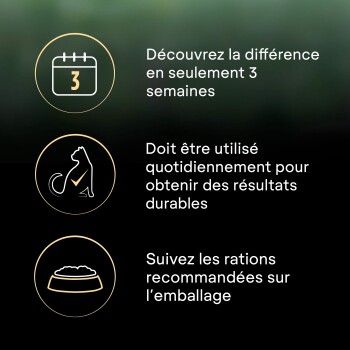 Publicité pour animal : calendrier avec le chiffre « 3 », chat avec coche, icônes de gamelle ; texte en français au sujet de 3 semaines, d'utilisation quotidienne et de respecter les rations indiquées sur l'emballage.