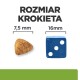 Obraz porównujący rozmiar krokieta dla zwierząt (7,5 mm) do niebieskiej kostki (16 mm), z tekstem "ROZMIAR KROKIETA" powyżej.