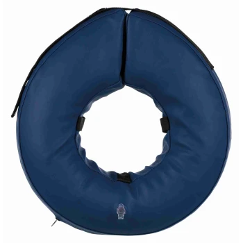 Navy blue inflatable donut-shaped pet recovery collar (e-collar) with valve and black fastening straps