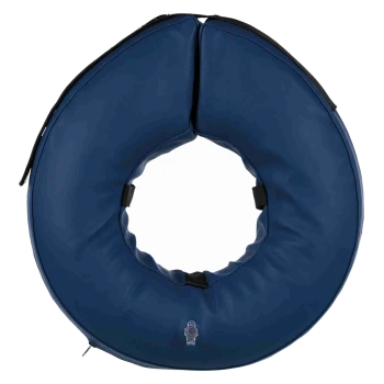 Navy blue inflatable donut-shaped pet recovery collar (e-collar) with valve and black fastening straps