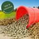 Ein gekippter roter Eimer, der grüne Tierfutterpellets auf Holz verschüttet, mit einem Feld und blauem Himmel im Hintergrund. Text sagt "100 % natürlich."