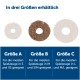Das Bild zeigt drei Größen von Haustierspielzeugringen, die mit Größe A, B und C beschriftet sind, mit Beschreibungen für geeignete Spielzeuggrößen auf Deutsch.