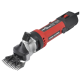 Elektrischer Schafschneider mit einem rot-schwarzen Design, ausgestattet mit einer Metallklinge und einem verstellbaren Spannungsregler.